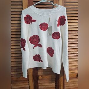 Elle White Sweater with Red Rose Embroidery